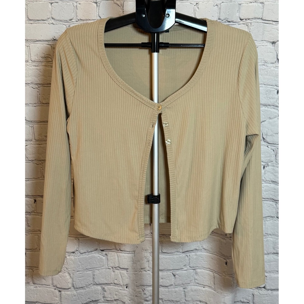 YMI Collections Tan Ribbed Cropped Cardigan Button Front V-Neck Top Womens XL